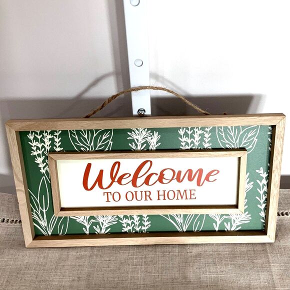 New! Beautiful Wooden "Welcome To Our Home" Green Floral/Herb Sign - Picture 2 of 7
